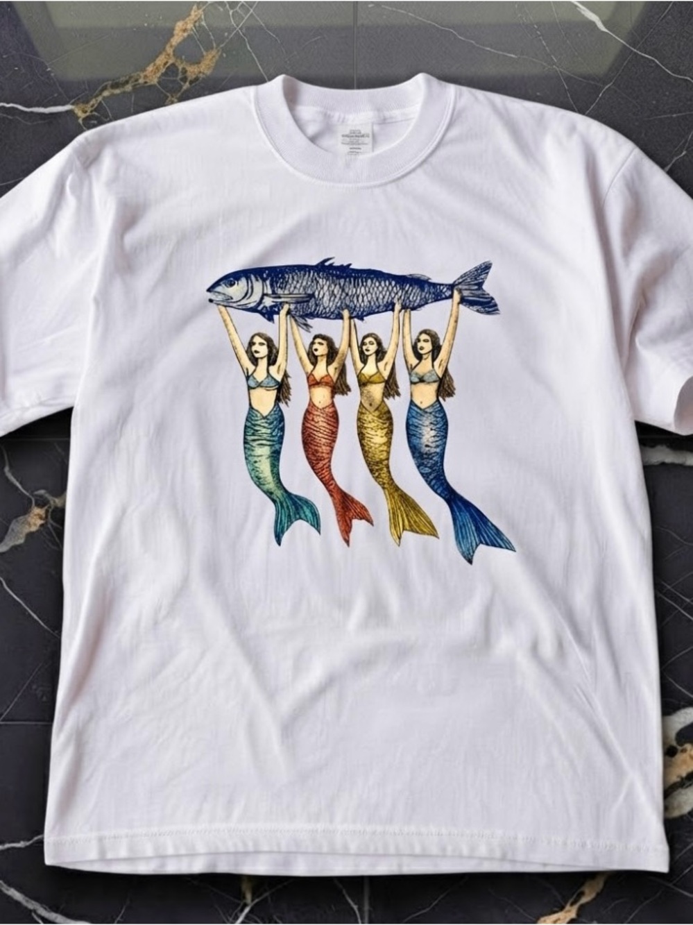 Mermaids Holding Giant Fish  Mythological Art T-Shirt